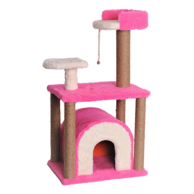 PetBurger | CatHome - Büyük Boy, Oyuncaklı ve Sisal Tırmalama Direkli Peluş Kedi Evi 1 Adet Pembe | SRC: Barcode: 0739394775606