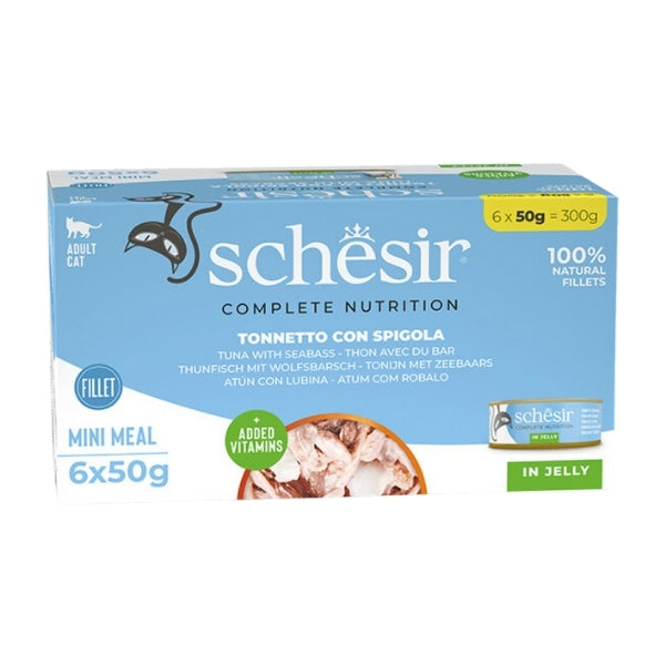 Schesir Tam ve Dengeli Jöle İçinde Ton Balıklı ve Levrekli Yetişkin Konserve Kedi Maması