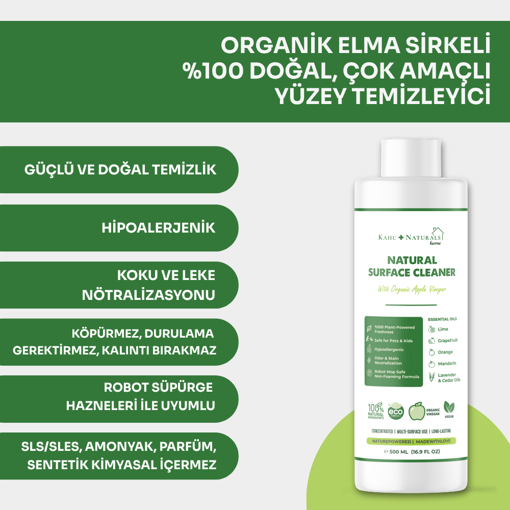 Kahu Naturals | Organik Elma Sirkeli %100 Doğal Çok Amaçlı Yüzey Temizleyici, 500 mL | SRC: Barcode: 8684646757416.0
