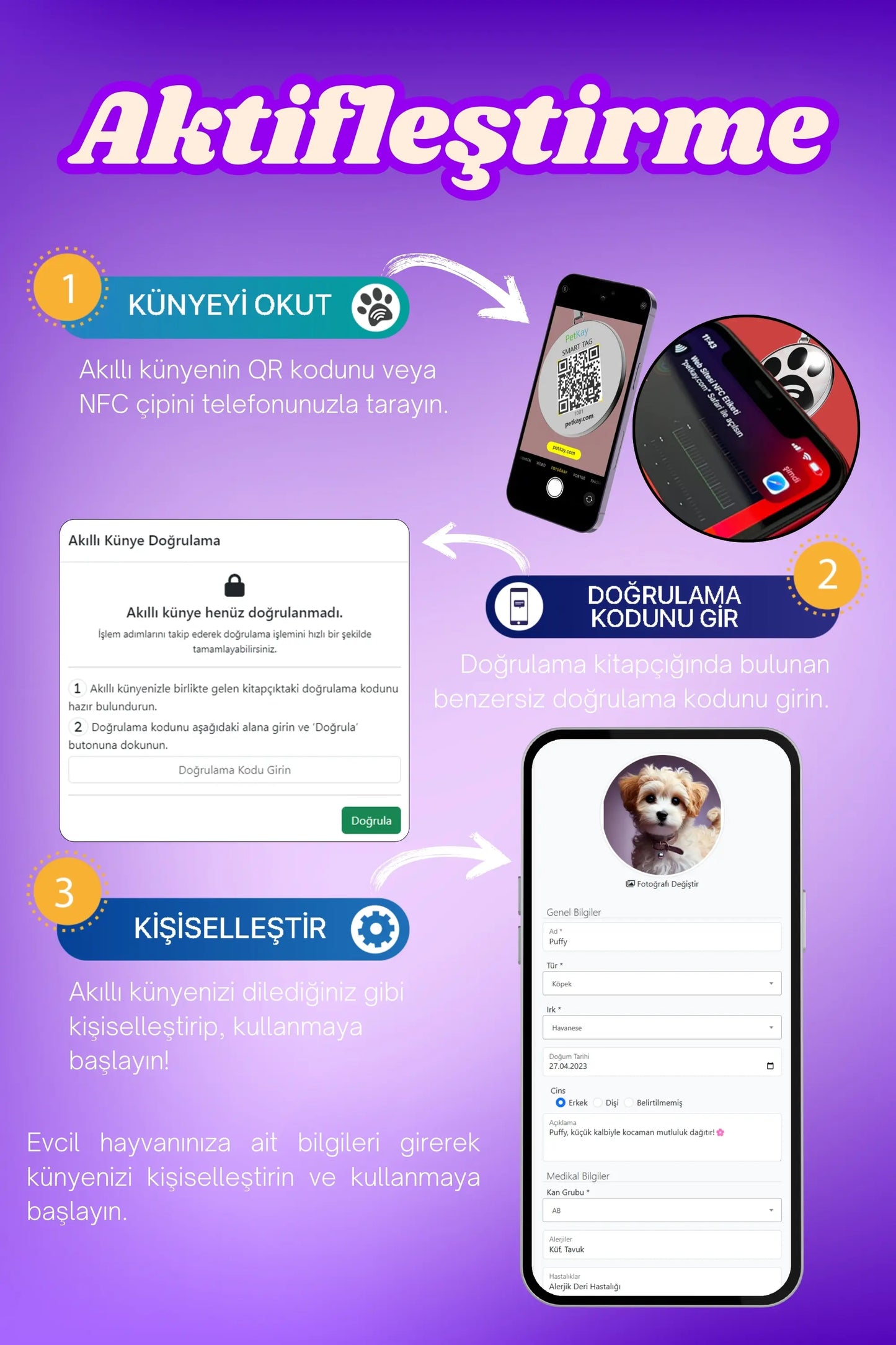 Petkay Köpekler Için Akıllı Künye, Nfc Dijital Isimlik Ve Tasma Künyesi Qr Kod Künye Paslanmaz Çelik Mor Mor | SRC: Barcode: 869120826064.0
