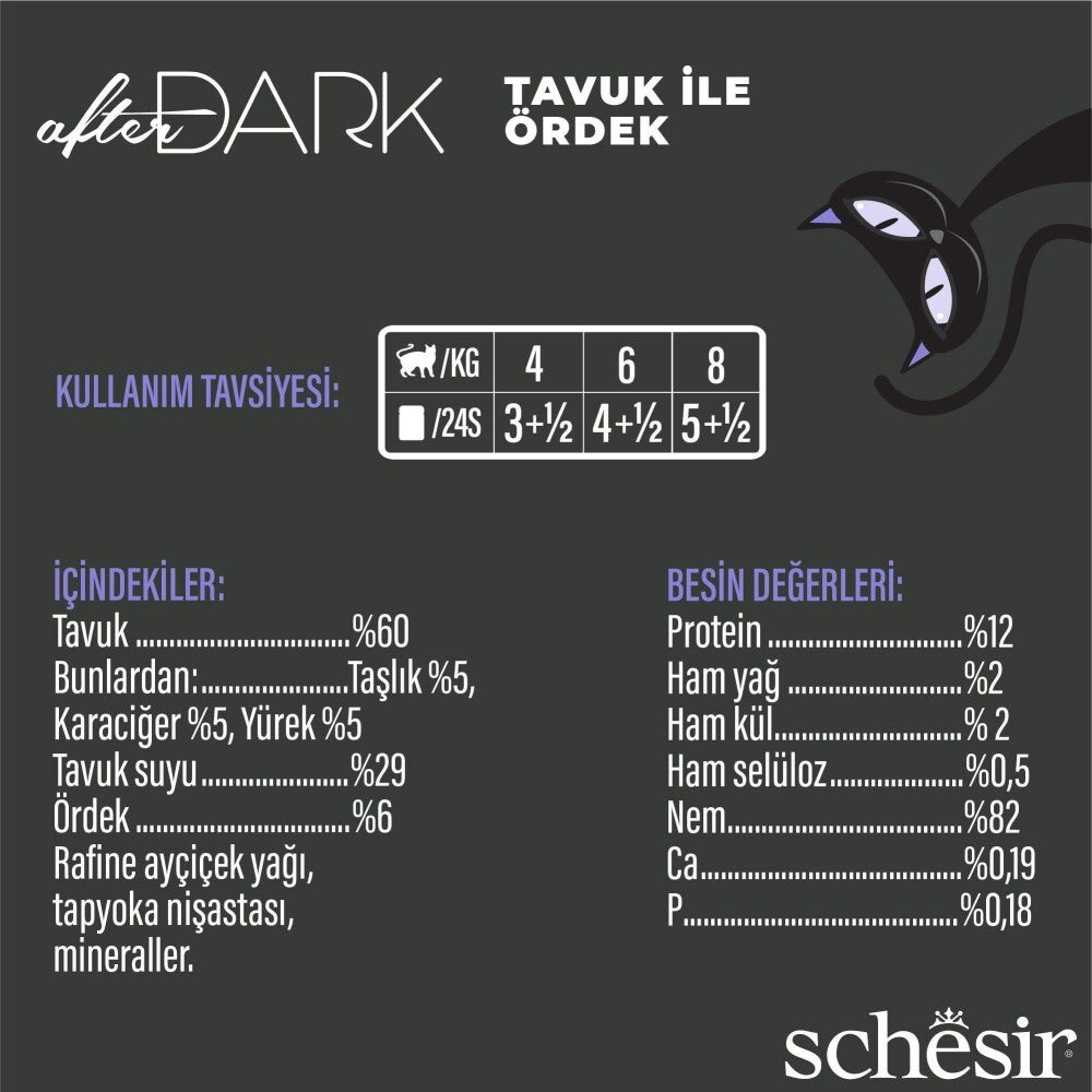 Schesir After Dark Sos İçinde Tavuk Etli Ve Ördek Etli Tahılsız Yetişkin Kedi Konservesi 80 GR | SRC: Barcode: 8005852212313