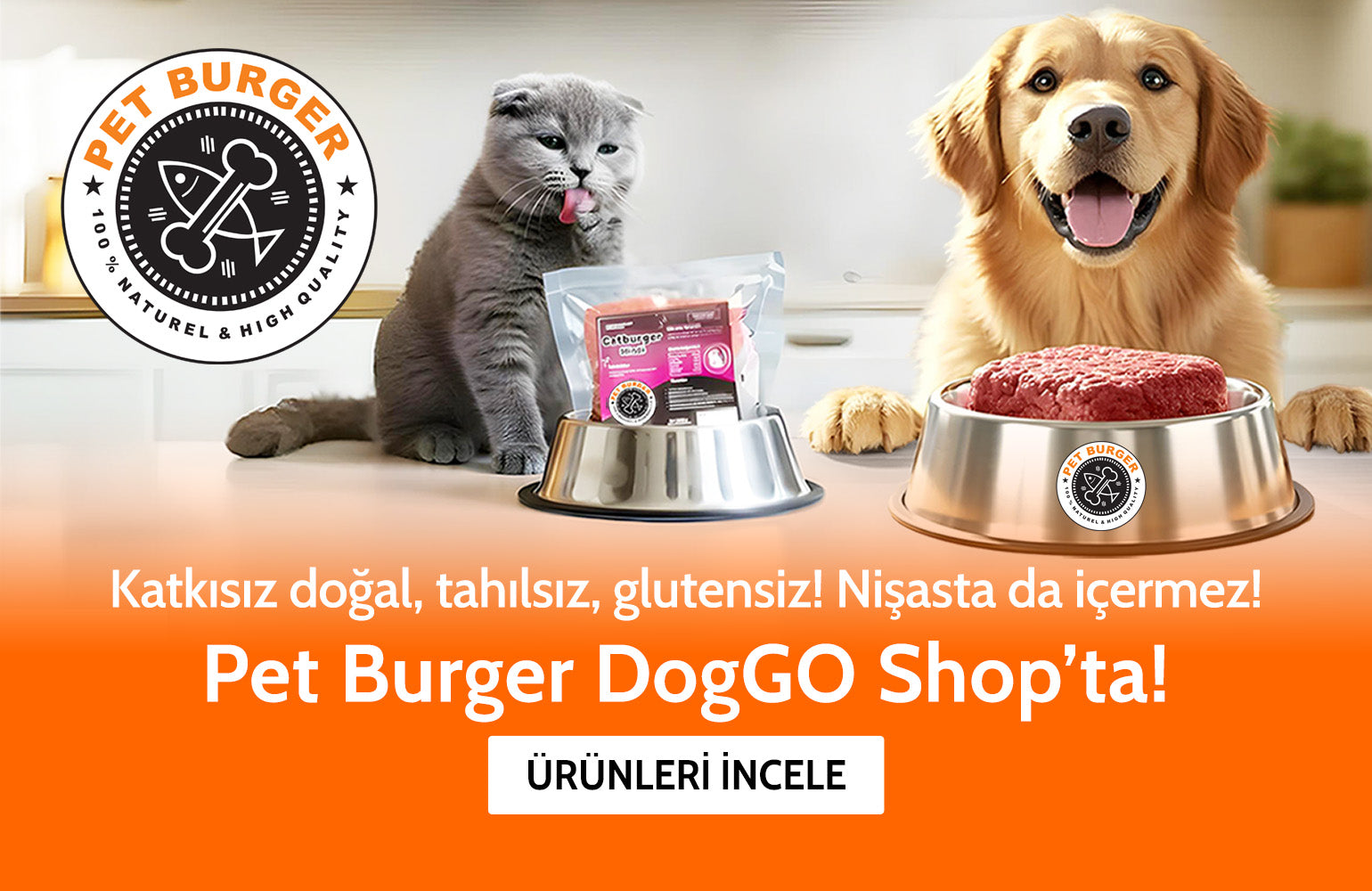 Katkısız, doğal, tahılsız, glutensiz! Nişasta da içermez! Pet Burger ürünleri DogGO Shop'ta! | SRC: Desktop Banner