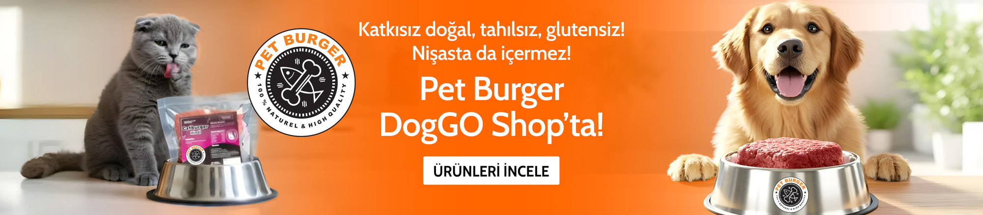 Katkısız, doğal, tahılsız, glutensiz! Nişasta da içermez! Pet Burger ürünleri DogGO Shop'ta! | SRC: Desktop Banner