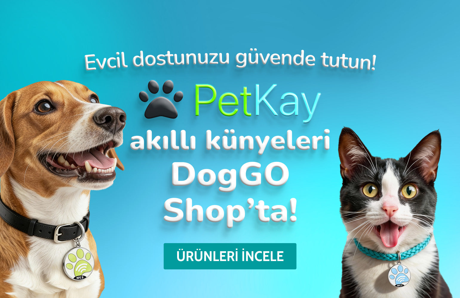 Evcil dostunuzu güvende tutun! Petkay akıllı künyeleri DogGO Shop'ta! | SRC: Desktop Banner