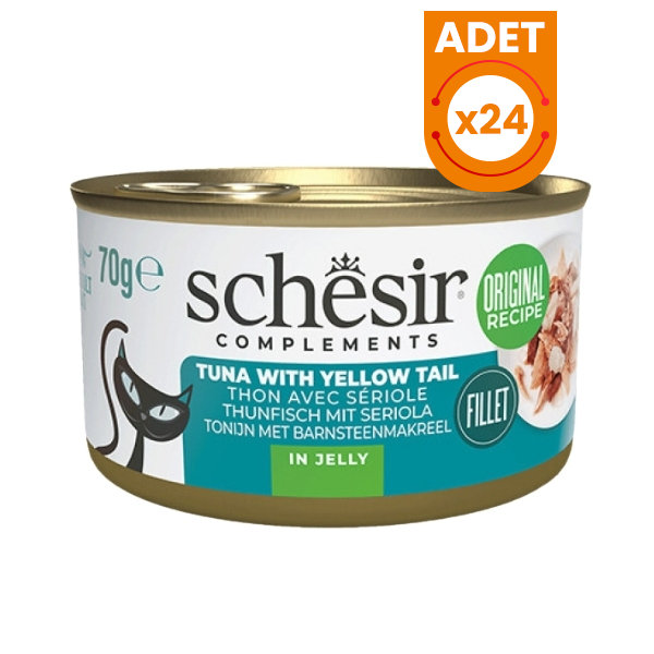 Schesir Tamamlayıcı Jöle İçinde Ton ve Sarı Kuyruk Balıklı Yetişkin Konserve Kedi Maması