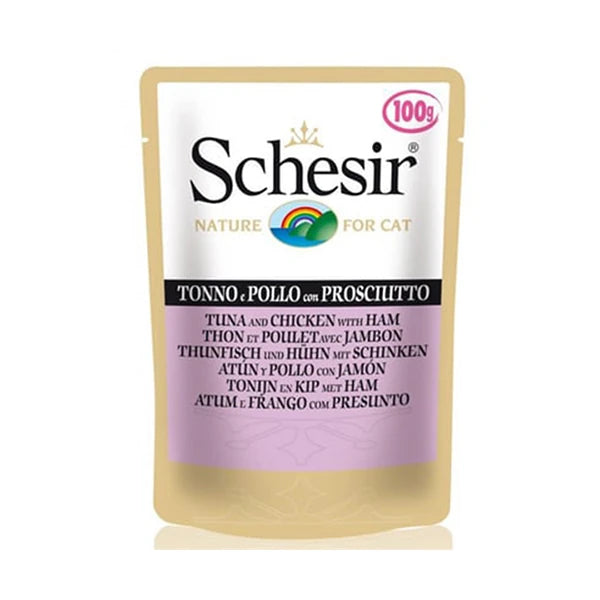 Schesir Ton Balıklı Tavuklu ve Jambonlu Pouch Konserve Yetişkin Kedi Maması
