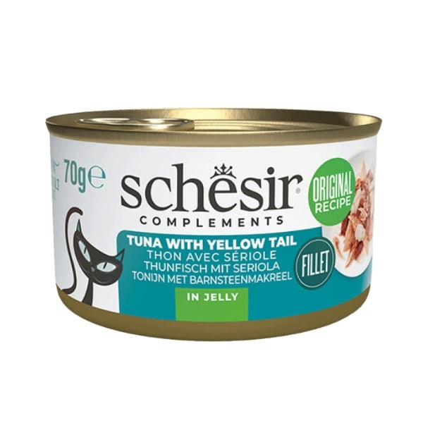 Schesir Tamamlayıcı Jöle İçinde Ton ve Sarı Kuyruk Balıklı Yetişkin Konserve Kedi Maması