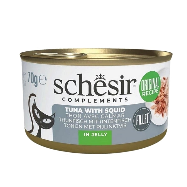 Schesir Tamamlayıcı Jöle İçinde Ton Balıklı ve Kalamarlı Yetişkin Konserve Kedi Maması