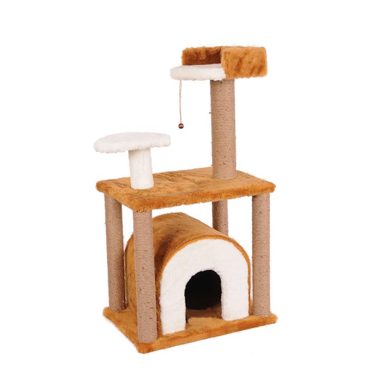 PetBurger | CatHome - Büyük Boy, Oyuncaklı ve Sisal Tırmalama Direkli Peluş Kedi Evi 1 Adet Kahve  | SRC: Barcode: 0739394775606