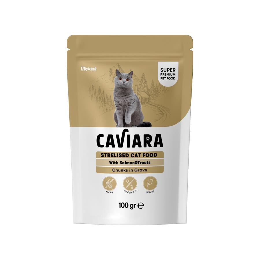 Caviara Pouch Sos İçinde Et Parçacıklı Somon Ve Alabalıklı Kısırlaştırılmış Yetişkin Kedi Konservesi 100 GR  | SRC: Barcode: 7640297841448