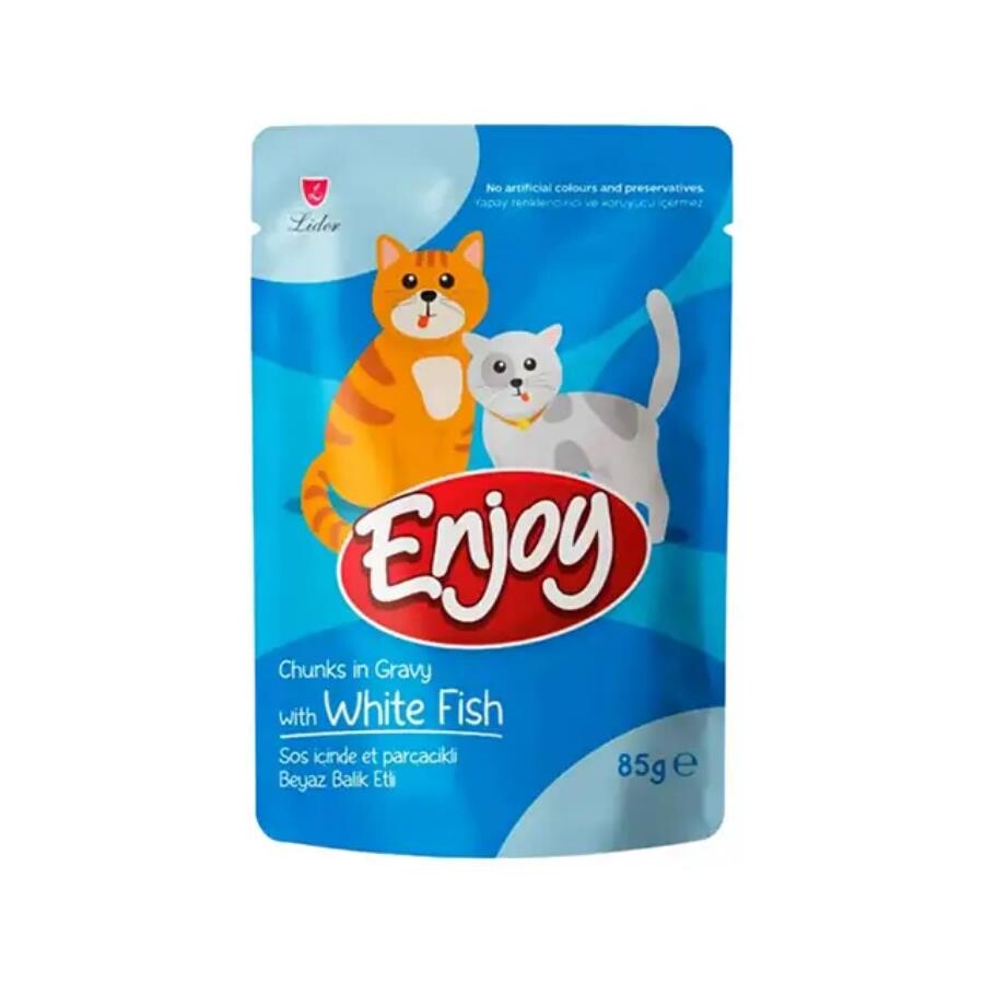 Enjoy Pouch Sos İçinde Et Parçacıklı Balıklı Yetişkin Kedi Konservesi 85 GR BEYAZ TEKLI  | SRC: Barcode: 8698995037624