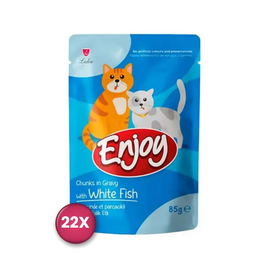 Enjoy Pouch Sos İçinde Et Parçacıklı Balıklı Yetişkin Kedi Konservesi 85 GR BEYAZ 22 ADET  | SRC: Barcode: 8698995037624-22