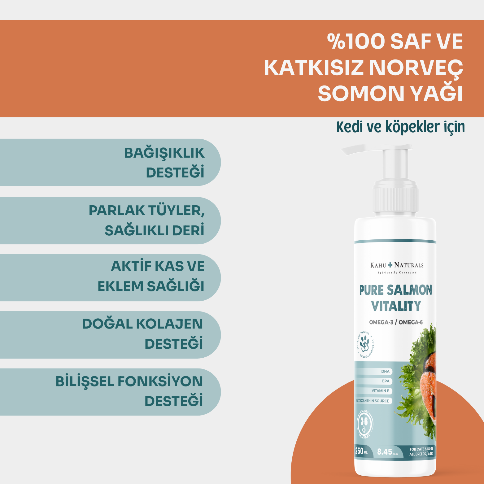 Kahu Naturals | Pure Salmon Vitality, %100 Doğal Norveç Somon Balık Yağı, Omega 3 ve 6, E Vitamini, Kedi ve Köpek, 250 ML  | SRC: Barcode: 8684646757027.0