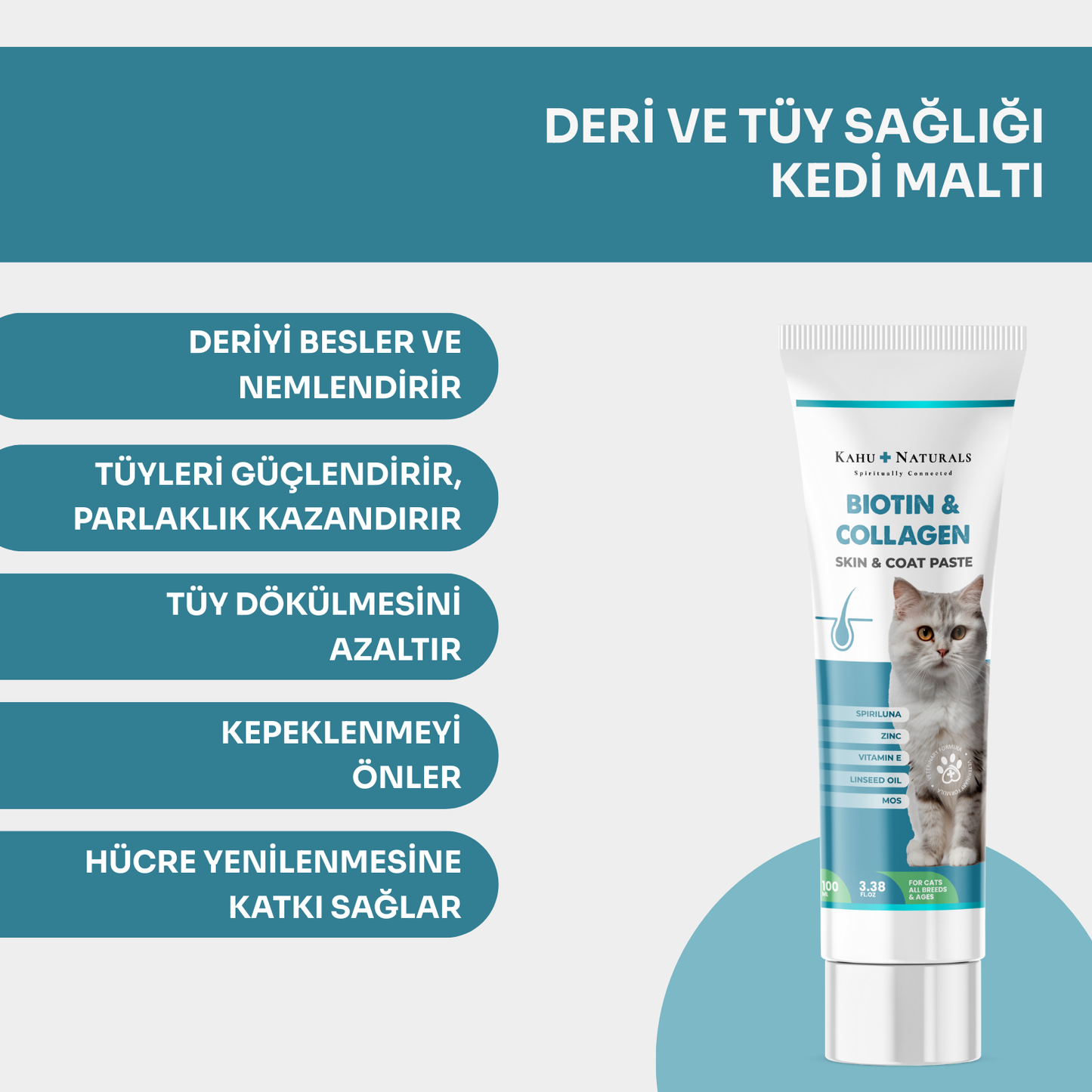 Kahu Naturals | Skin&Coat Deri Ve Tüy Sağlığı Kedi Maltı, B7, Kolajen, Spirulina, Tüy Dökülme Karşıtı 100 ml  | SRC: Barcode: 8684646757058.0
