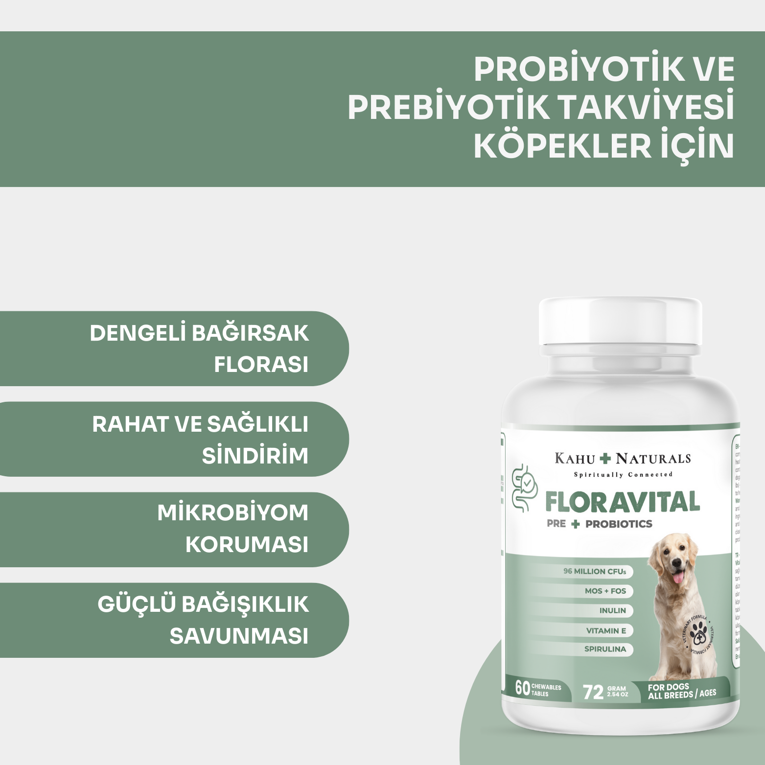Kahu Naturals | Floravital, Köpekler Için Probiyotik Ve Prebiyotik Desteği, 60 Tablet  | SRC: Barcode: 8684646757270.0
