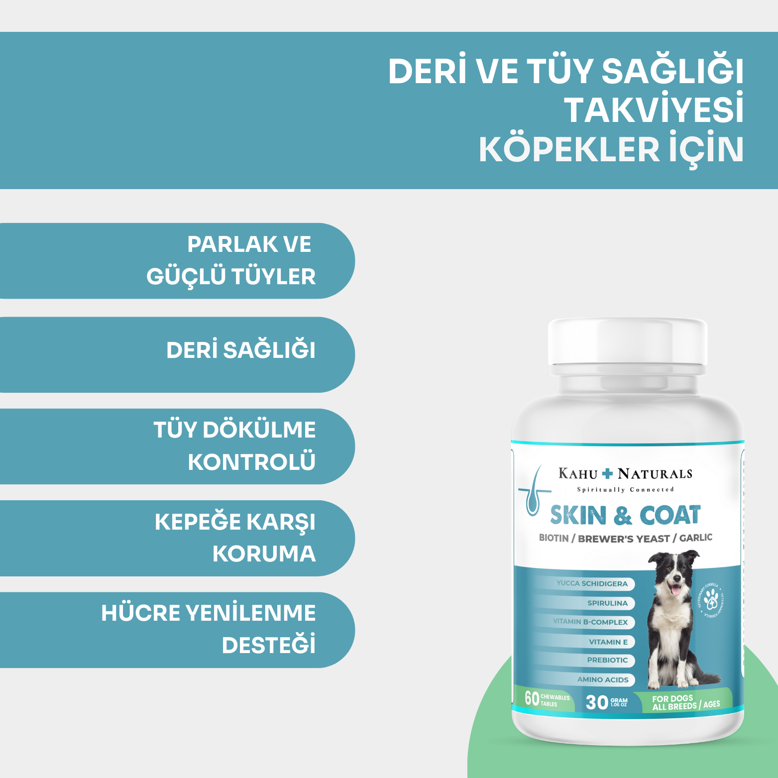 Kahu Naturals | Skin&Coat, Deri ve Tüy Sağlığı Takviye, Bira Mayası, Sarımsak, MOS, Spirulina, 60 Tablet  | SRC: Barcode: 8684646757096.0