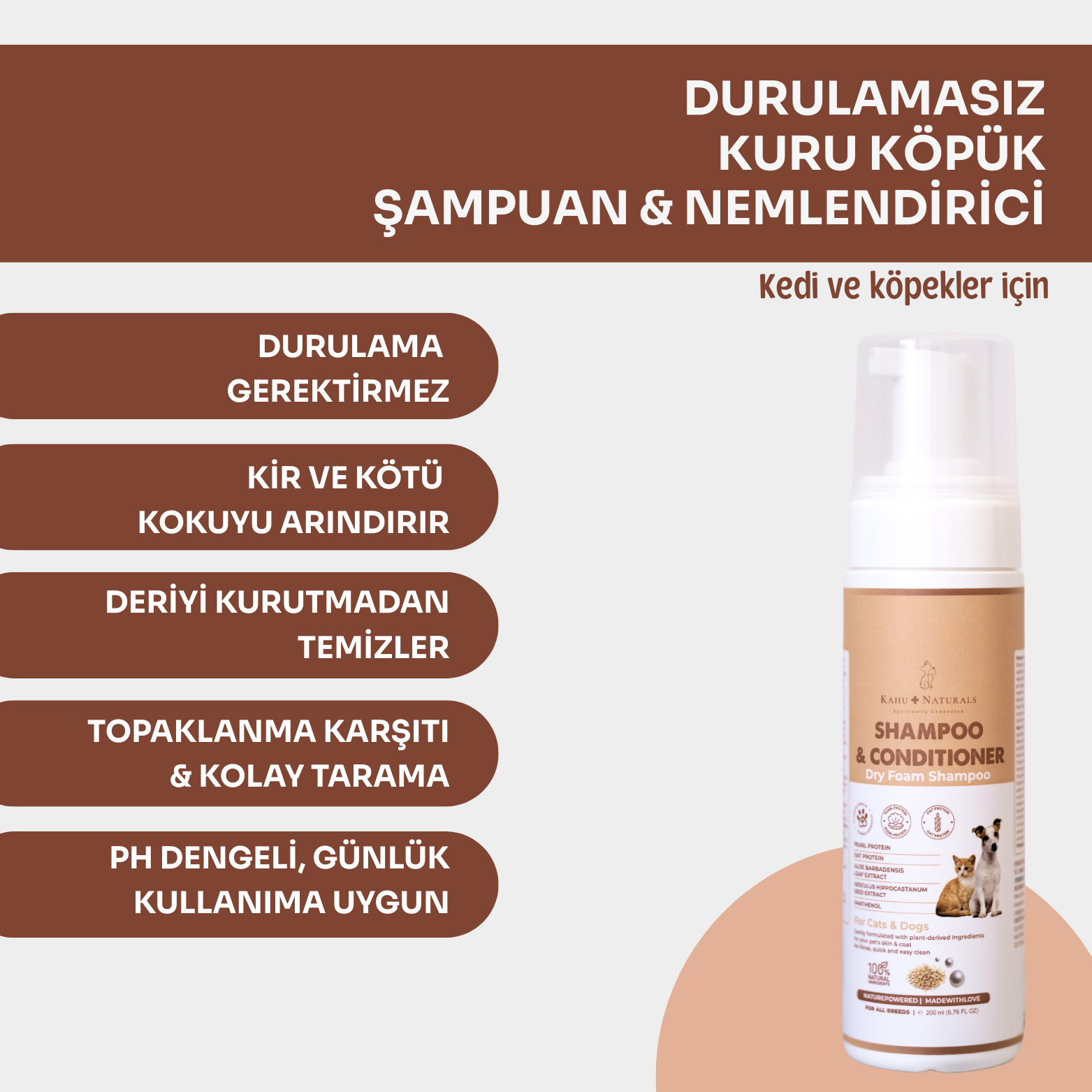 Kahu Naturals | Dry Foam, Kuru Köpük Şampuan ve Nemlendirici, Durulamasız, Kolay Tarama, Organik içerikli, 350 ml  | SRC: Barcode: 8684646757133.0