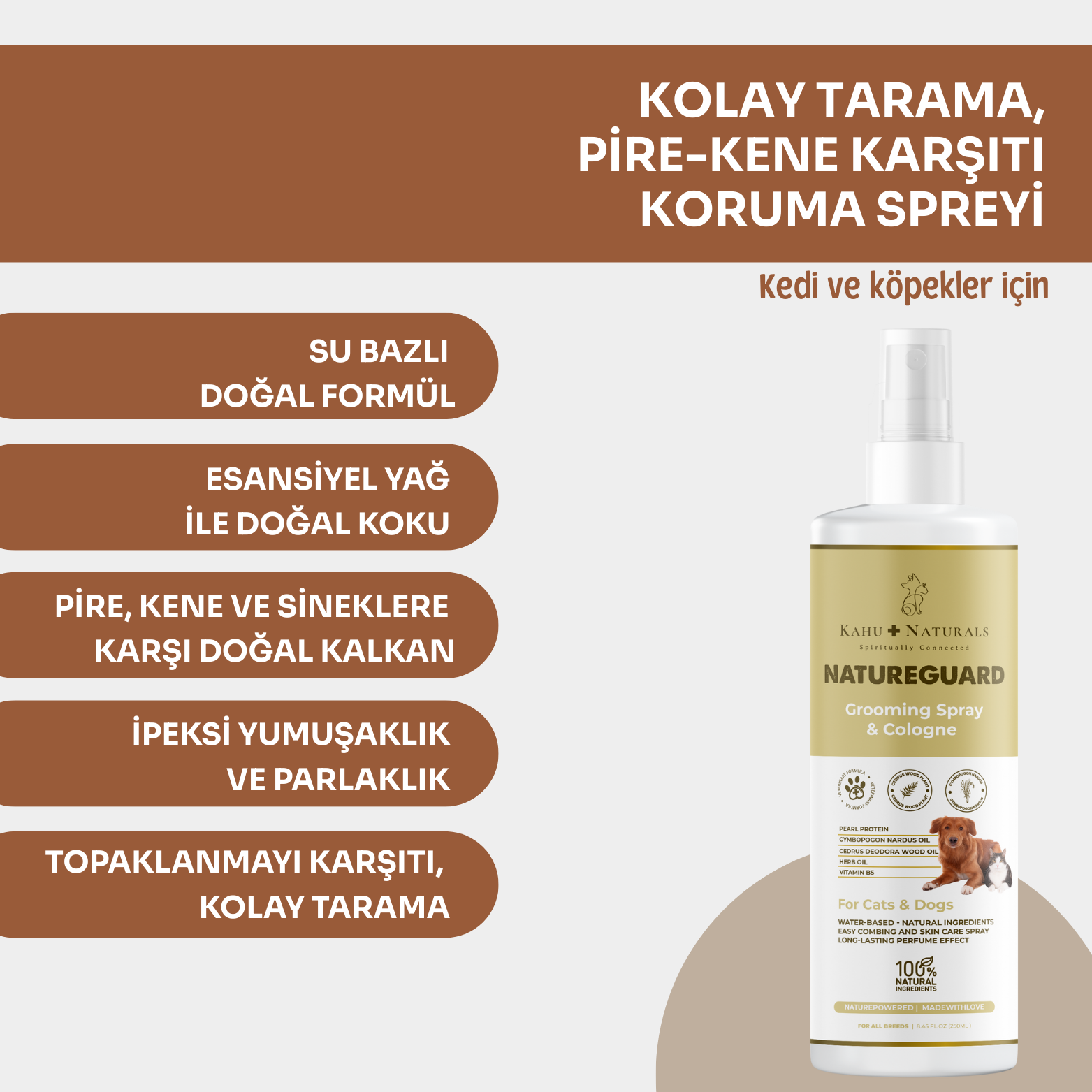 Kahu Naturals | NatureGuard, Kolay Tarama, Tüy ve Deri Bakımı, Zararlılara Karşı Doğal Koruma, Organik Parfüm,250 ml  | SRC: Barcode: 8684646757171.0