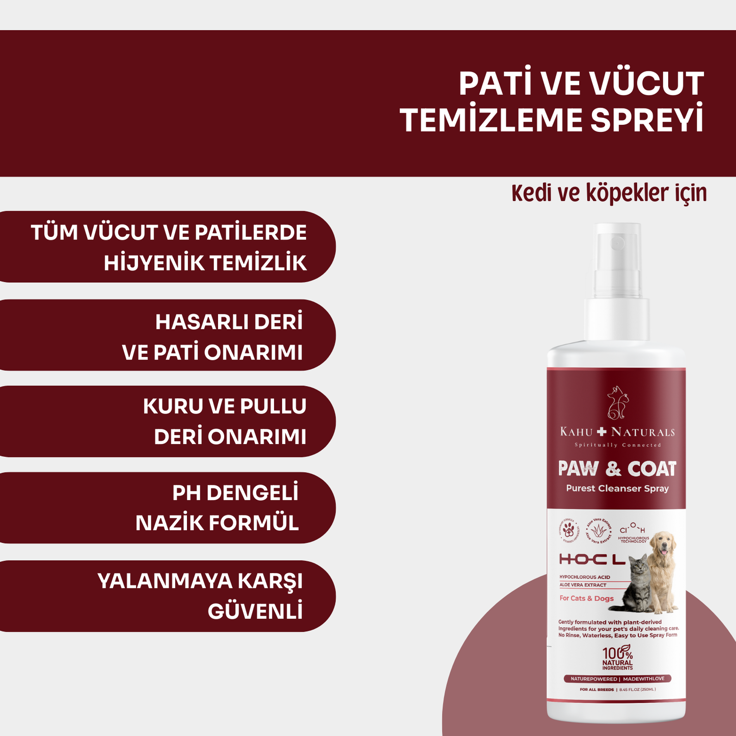 Kahu Naturals | Paw&Coat, Vücut ve Pati Temizleme Spreyi, %100 Doğal Günlük Temizlik ve Bakım, 250 ml  | SRC: Barcode: 8684646757157.0