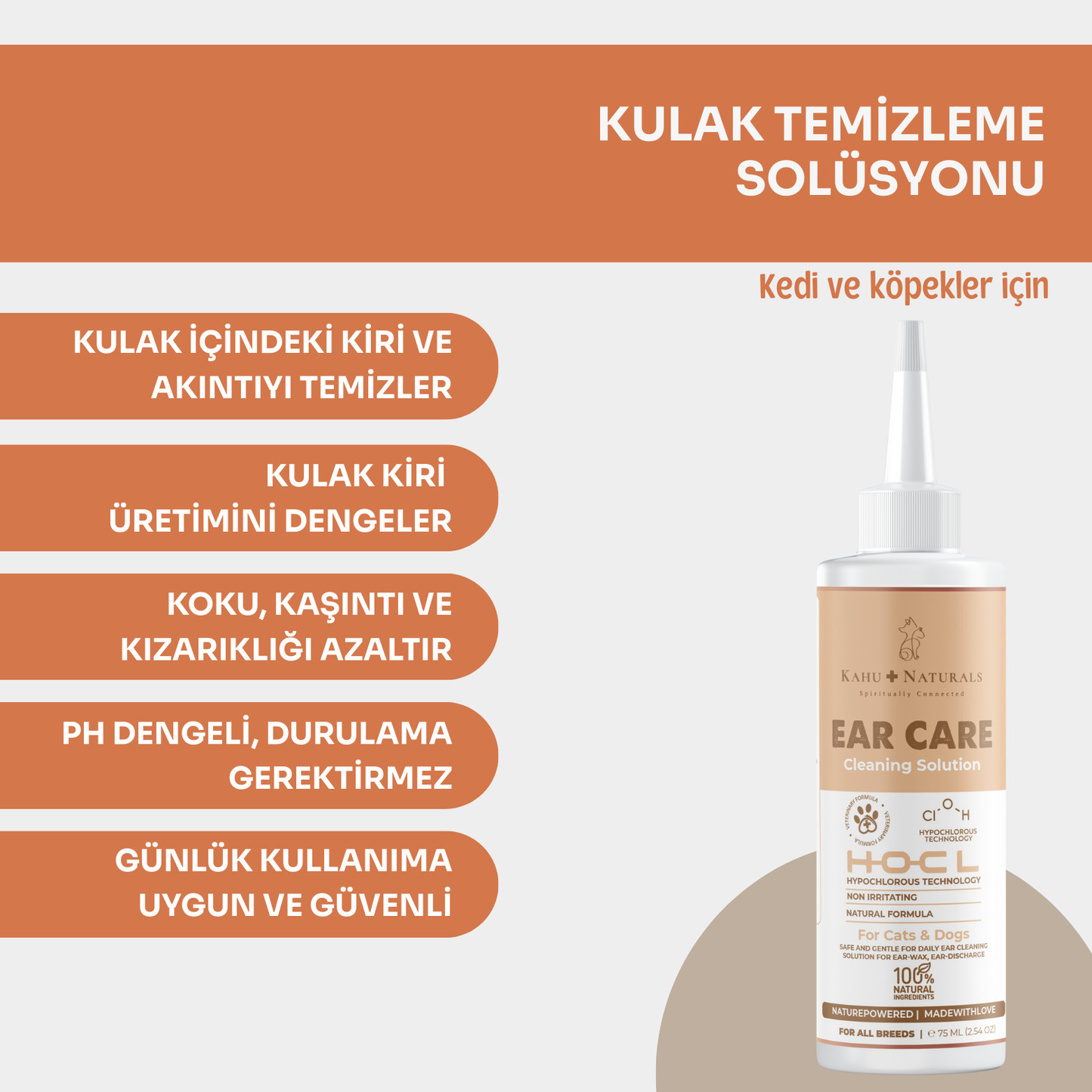 Kahu Naturals | Kulak Temizleme Solüsyonu, Kir Kaşıntı Kulak Uyuzu Önleyici, Kedi ve Köpek,75 ml  | SRC: Barcode: 8684646757201.0