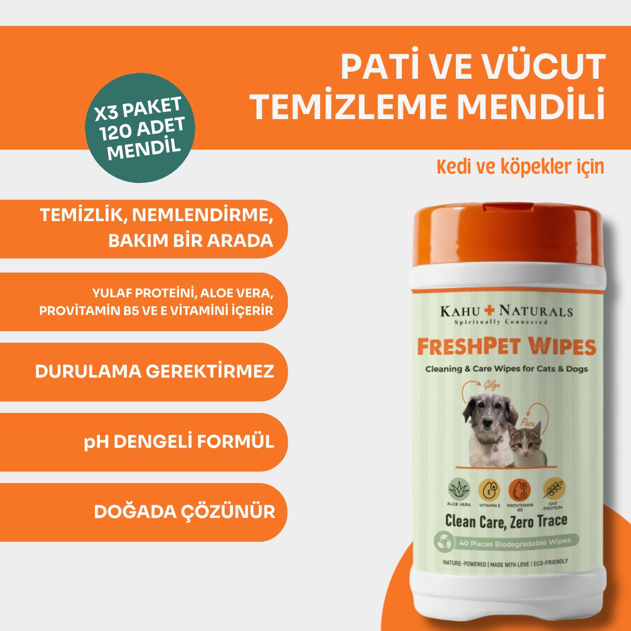 Kahu Naturals | Pati, Tüy, Vücut Temizlik ve Hijyen Mendili, Kedi ve Köpek, 40 Adet  | SRC: Barcode: 8684646757430.0