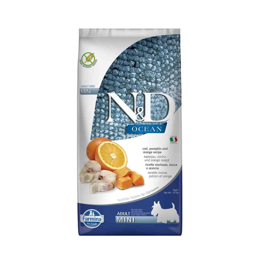 N&d Ocean Tahılsız Balkabaklı Morina Balıklı Ve Portakallı Küçük Irk Yetişkin Köpek Maması 7 KG  | SRC: Barcode: 8010276036537