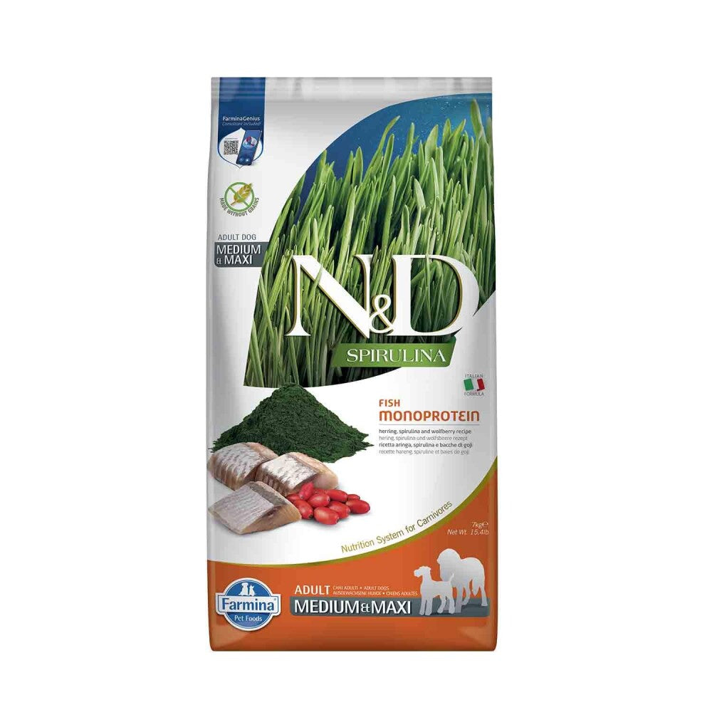 N&d Spirulina Takviyeli Tahılsız Ringa Balıklı Orta Ve Büyük Irk Yetişkin Köpek Maması 7 KG  | SRC: Barcode: 8010276041104