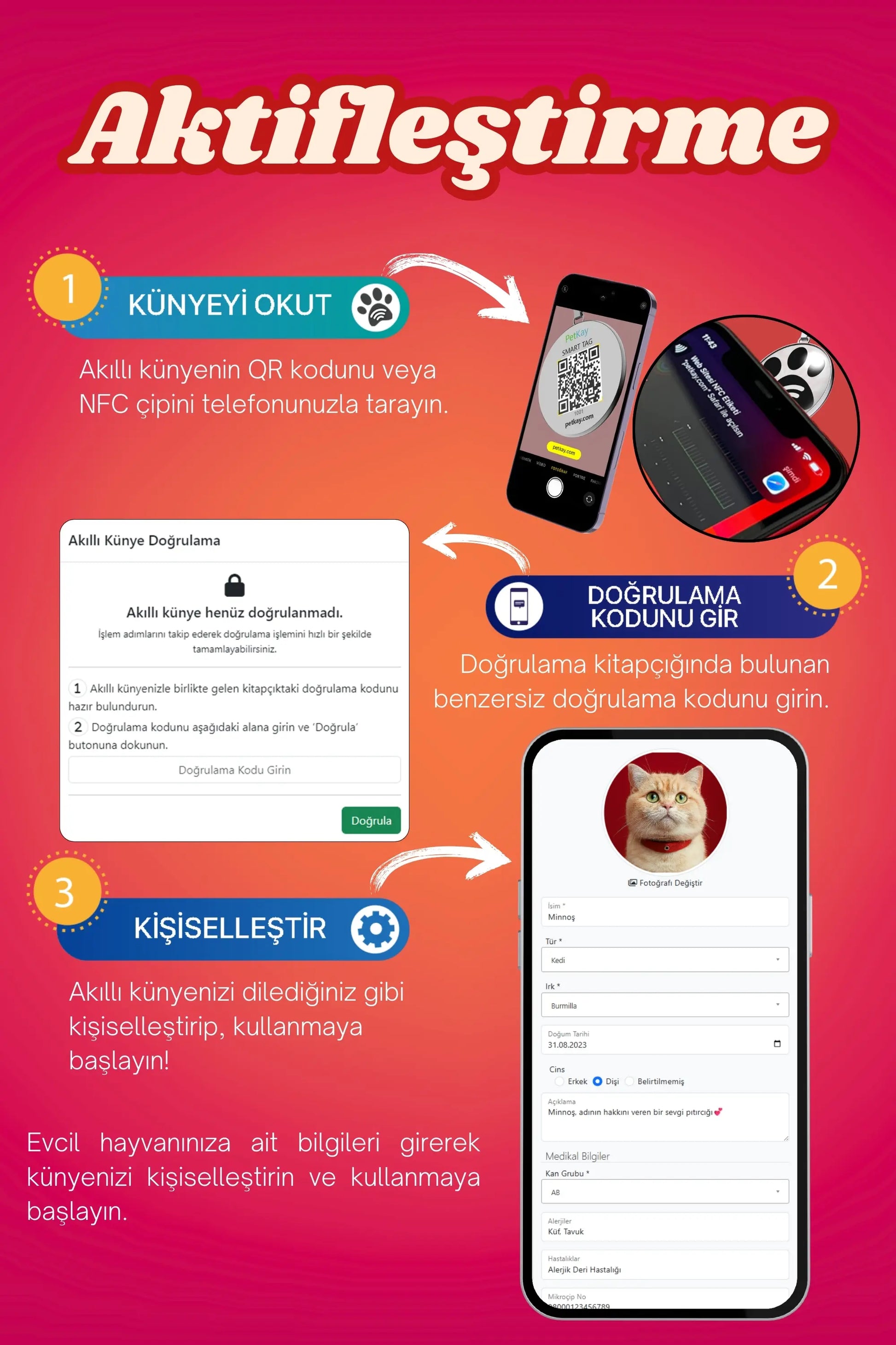 Petkay Kediler İçin Akıllı Künye, NFC Dijital İsimlik ve Tasma Künyesi QR Kod Künye Paslanmaz Çelik Kırmızı Kırmızı  | SRC: Barcode: 869120826064.0