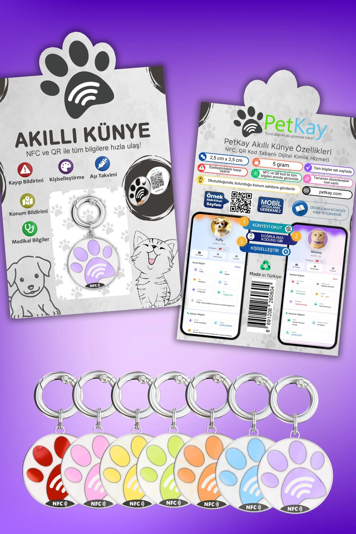 Petkay Kediler İçin Akıllı Künye, NFC Dijital İsimlik ve Tasma Künyesi QR Kod Künye Paslanmaz Çelik Mor Mor  | SRC: Barcode: 869120826064.0