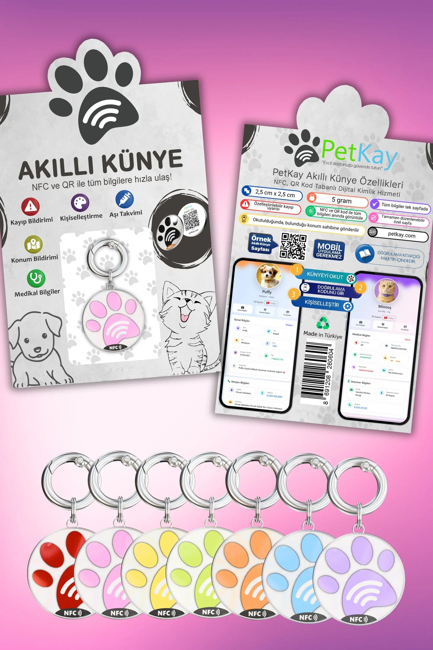 Petkay Kediler İçin Akıllı Künye, NFC Dijital İsimlik ve Tasma Künyesi QR Kod Künye Paslanmaz Çelik Pembe Pembe  | SRC: Barcode: 869120826064.0