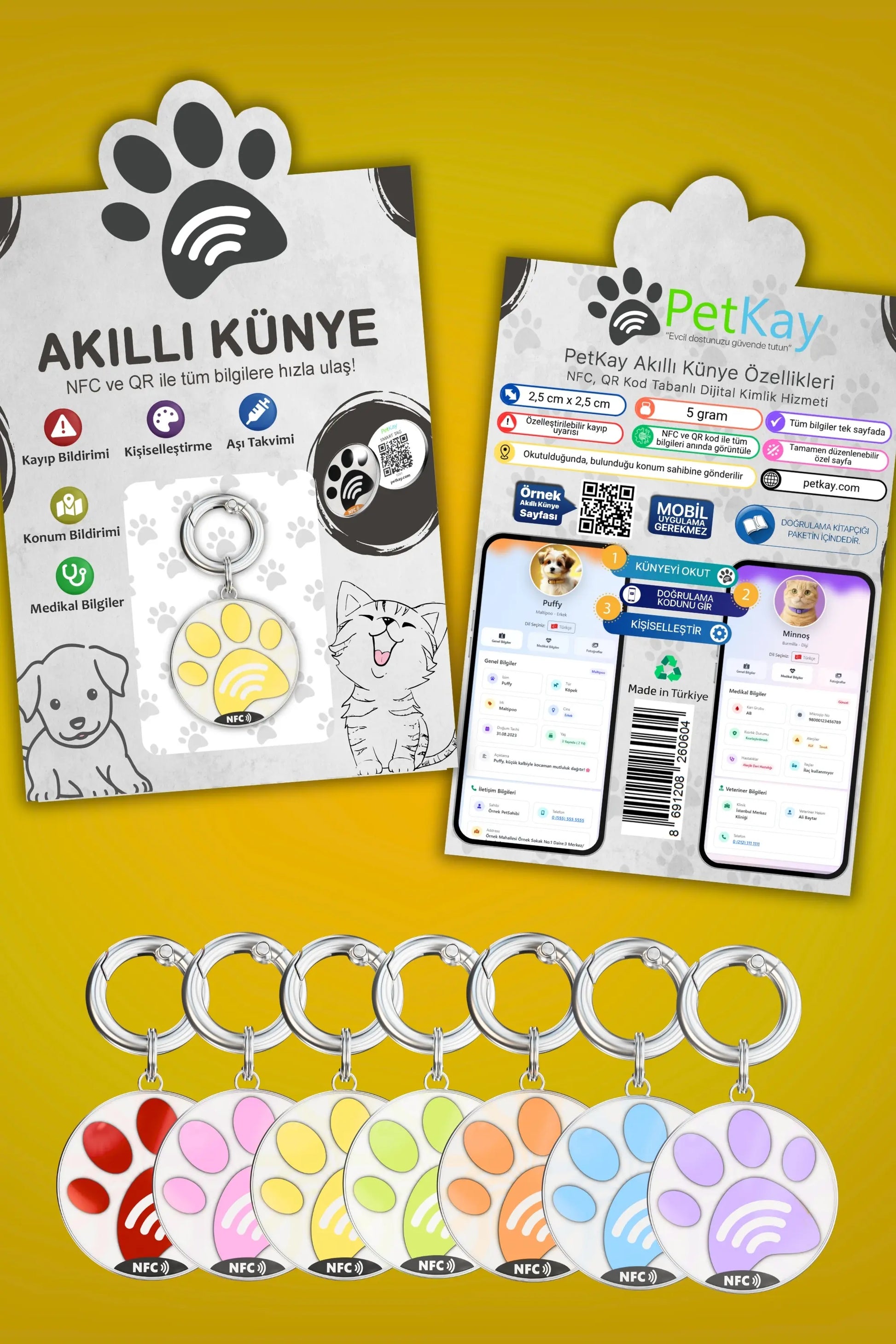 Petkay Kediler İçin Akıllı Künye, NFC Dijital İsimlik ve Tasma Künyesi QR Kod Künye Paslanmaz Çelik Sarı Sarı  | SRC: Barcode: 869120826064.0