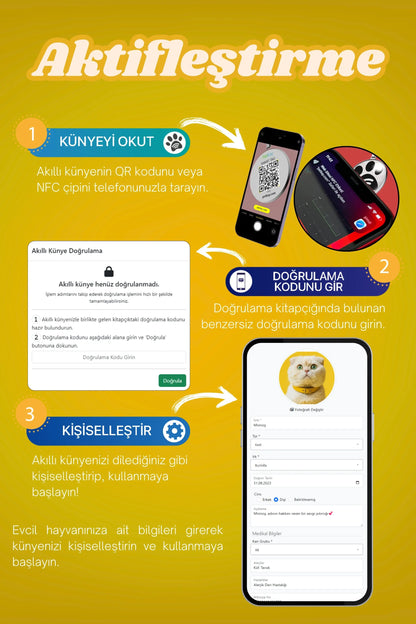 Petkay Kediler İçin Akıllı Künye, NFC Dijital İsimlik ve Tasma Künyesi QR Kod Künye Paslanmaz Çelik Sarı Sarı  | SRC: Barcode: 869120826064.0