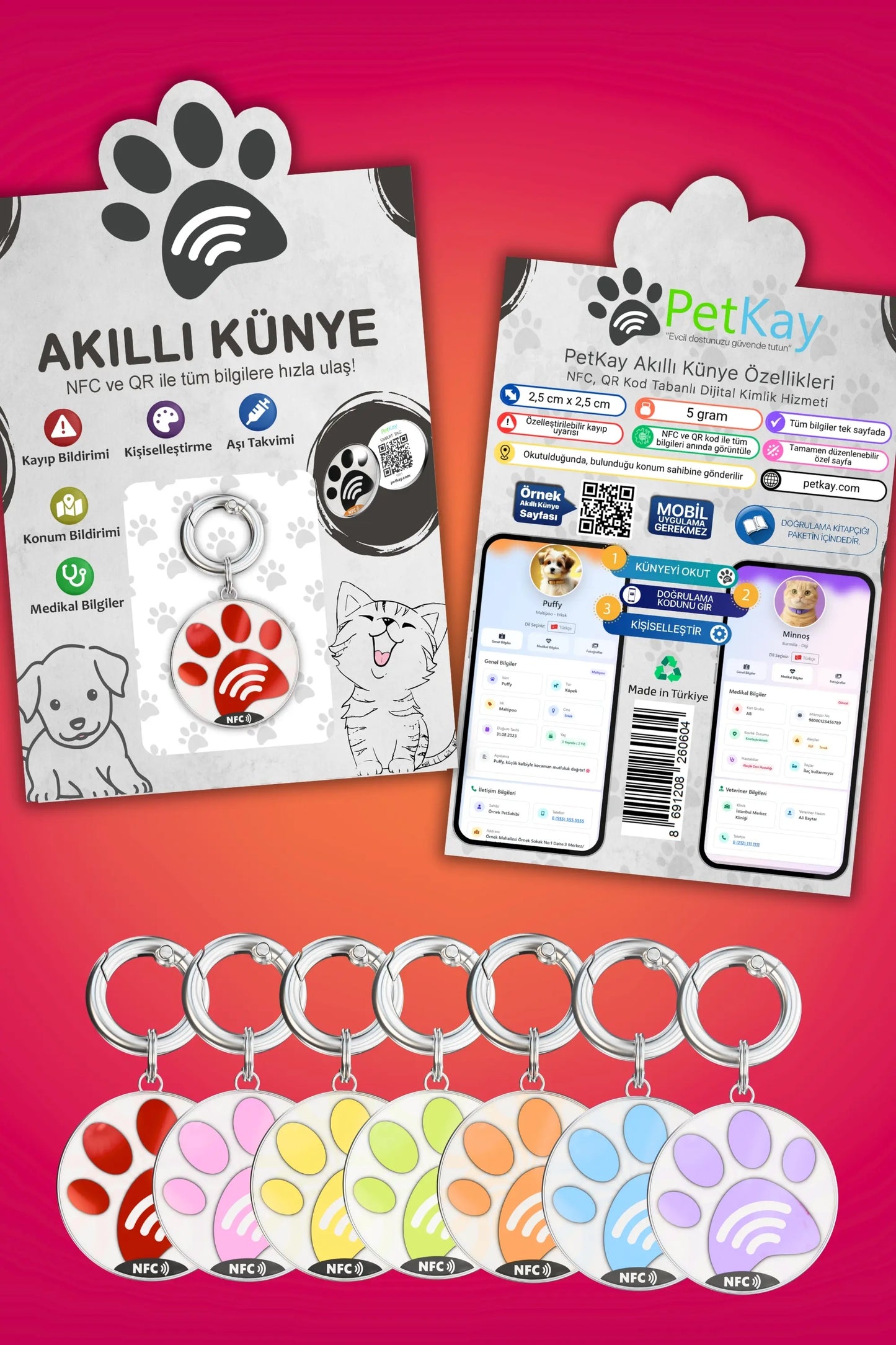 Petkay Köpekler Için Akıllı Künye, Nfc Dijital Isimlik Ve Tasma Künyesi Qr Kod Künye Paslanmaz Çelik Kırmızı Kırmızı  | SRC: Barcode: 869120826064.0