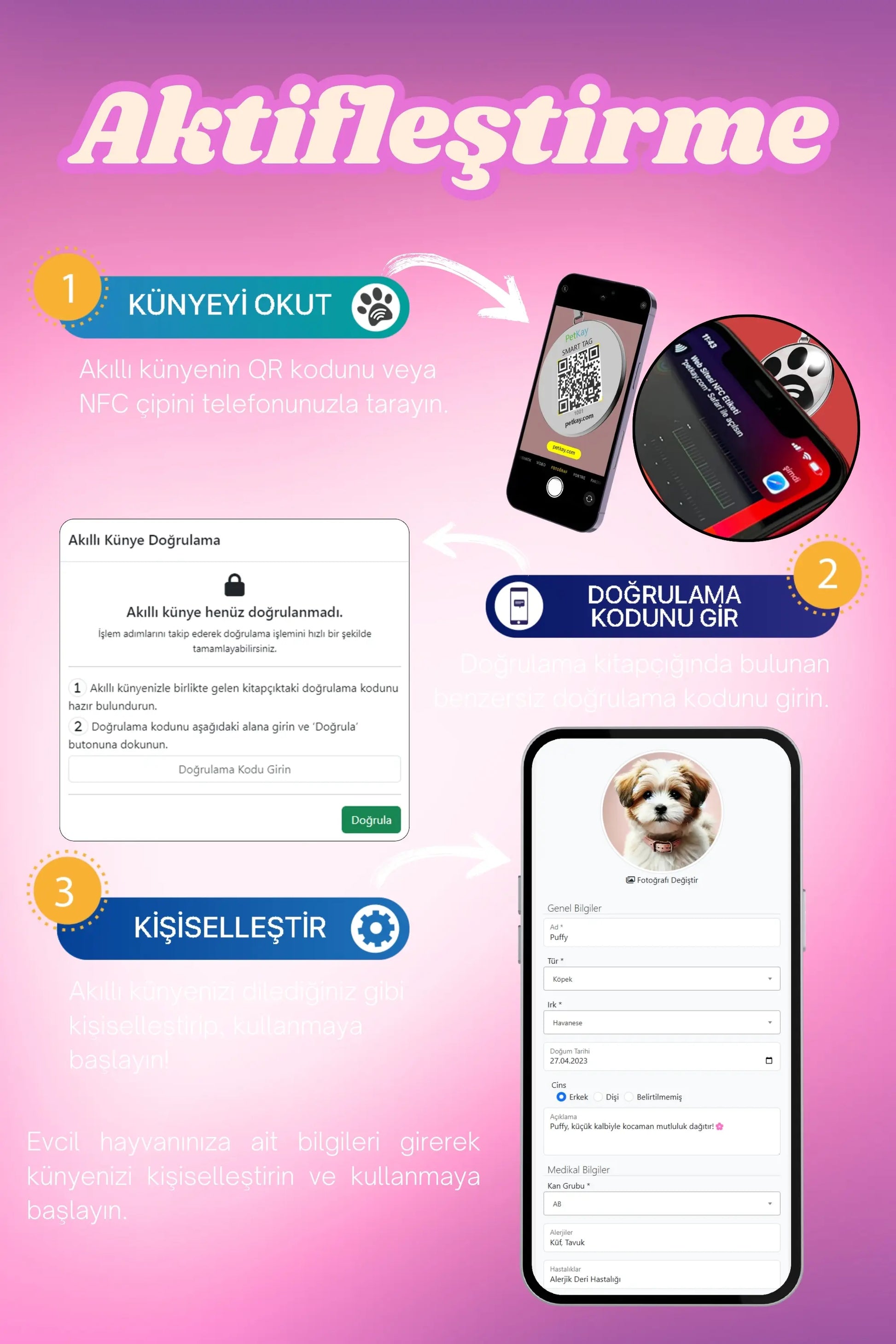 Petkay Köpekler Için Akıllı Künye, Nfc Dijital Isimlik Ve Tasma Künyesi Qr Kod Künye Paslanmaz Çelik Pembe Pembe  | SRC: Barcode: 869120826064.0