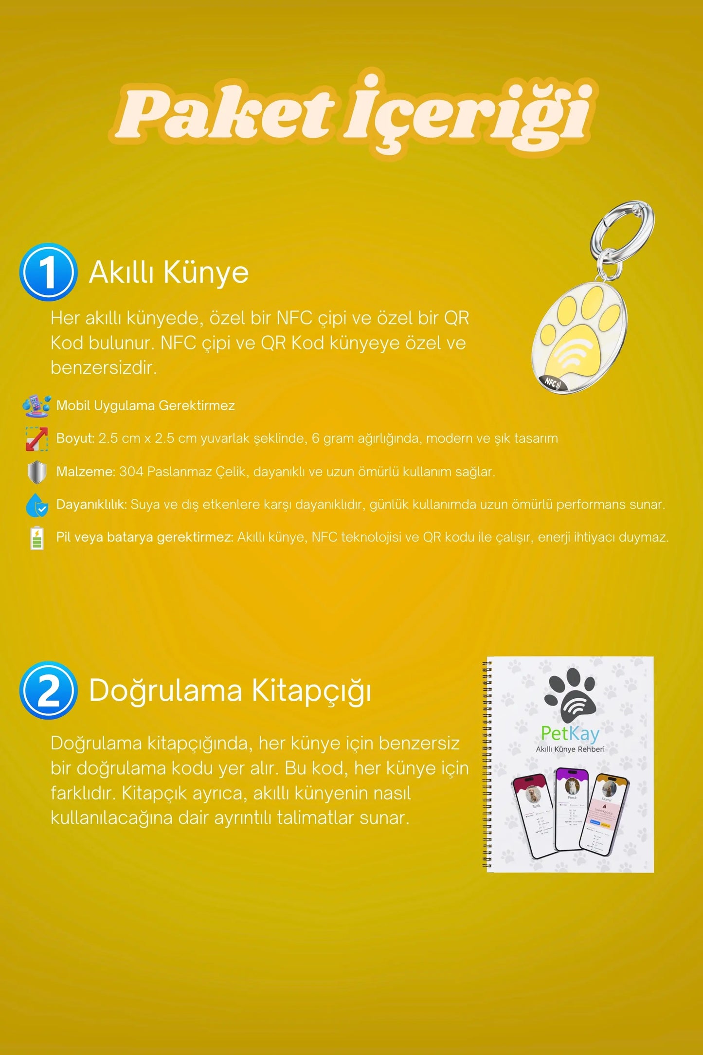 Petkay Köpekler Için Akıllı Künye, Nfc Dijital Isimlik Ve Tasma Künyesi Qr Kod Künye Paslanmaz Çelik Sarı Sarı  | SRC: Barcode: 869120826064.0