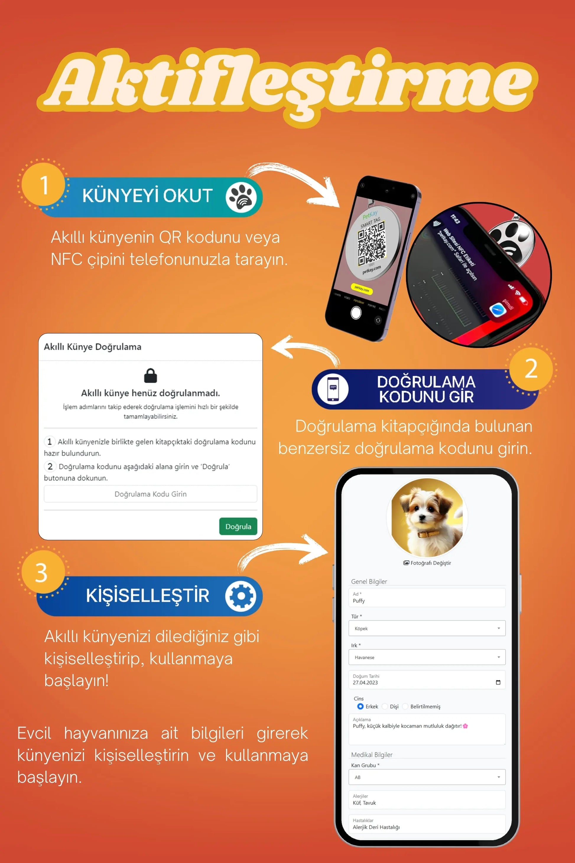 Petkay Köpekler Için Akıllı Künye, Nfc Dijital Isimlik Ve Tasma Künyesi Qr Kod Künye Paslanmaz Çelik Turuncu Turuncu  | SRC: Barcode: 869120826064.0