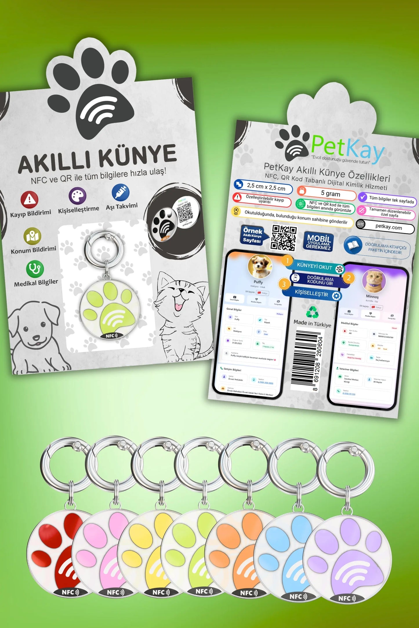 Petkay Köpekler Için Akıllı Künye, Nfc Dijital Isimlik Ve Tasma Künyesi Qr Kod Künye Paslanmaz Çelik Yeşil Yeşil  | SRC: Barcode: 869120826064.0