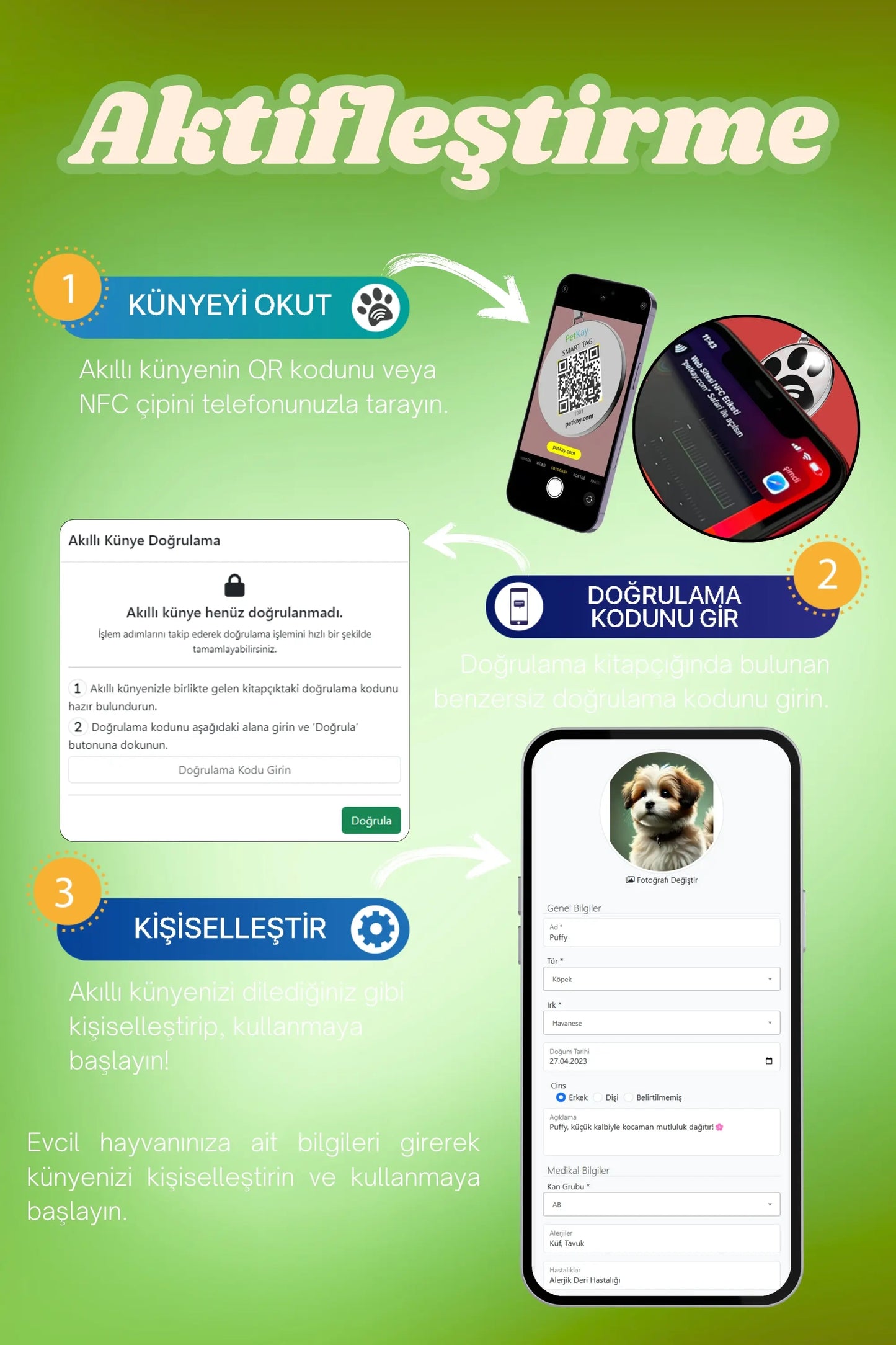 Petkay Köpekler Için Akıllı Künye, Nfc Dijital Isimlik Ve Tasma Künyesi Qr Kod Künye Paslanmaz Çelik Yeşil Yeşil  | SRC: Barcode: 869120826064.0