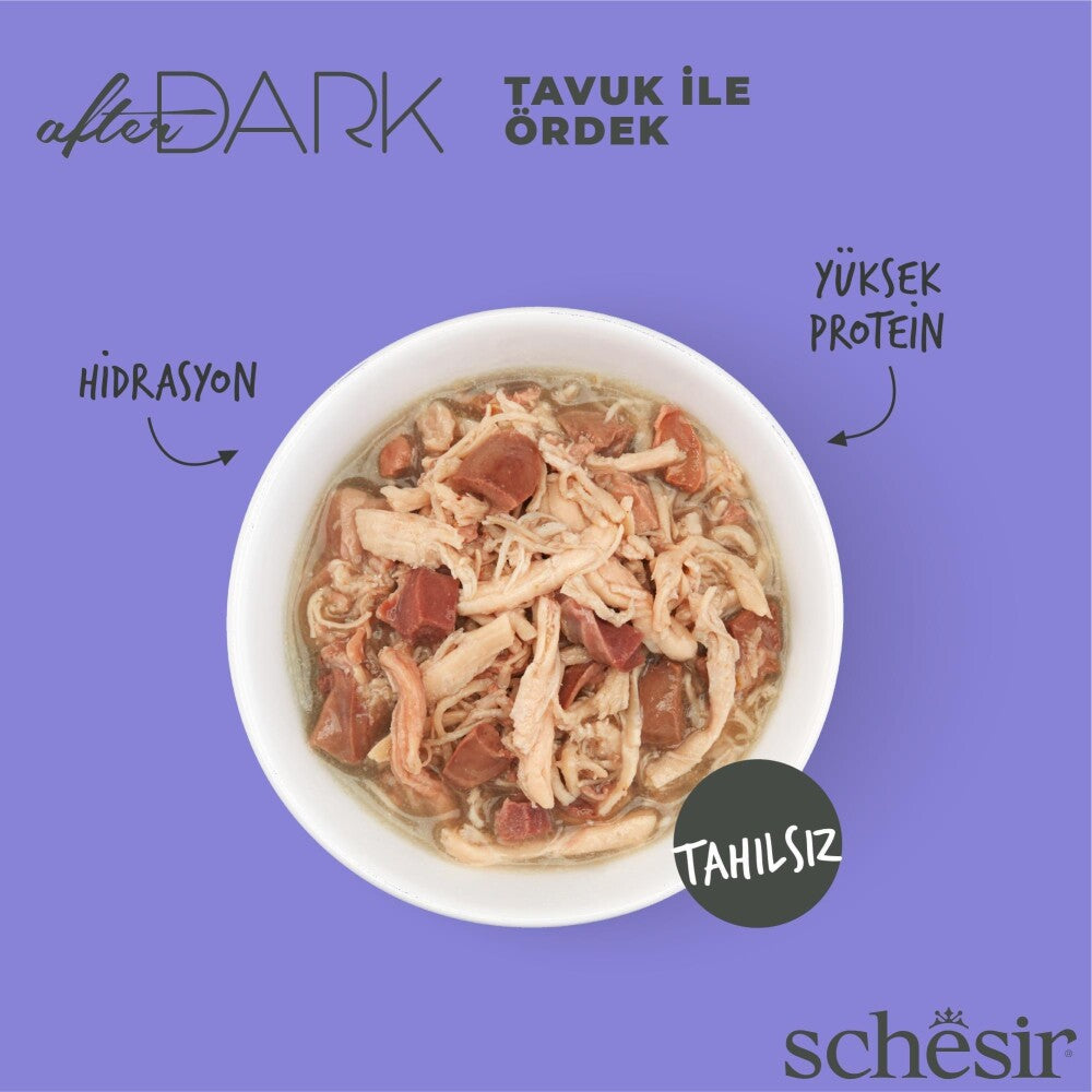 Schesir After Dark Sos İçinde Tavuk Etli Ve Ördek Etli Tahılsız Yetişkin Kedi Konservesi 80 GR  | SRC: Barcode: 8005852212313