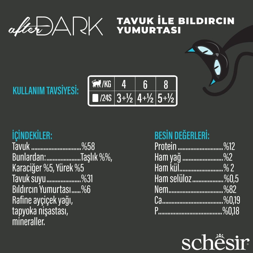 Schesir After Dark Tavuk Ile Bıldırcın Yumurtası Et Suyunda Yetişkin Kedi Konservesi 80 GR  | SRC: Barcode: 8005852121011