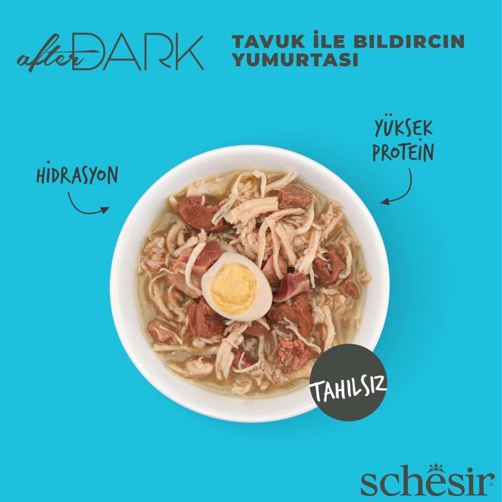 Schesir After Dark Tavuk Ile Bıldırcın Yumurtası Et Suyunda Yetişkin Kedi Konservesi 80 GR  | SRC: Barcode: 8005852121011